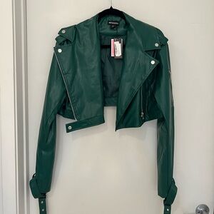pretty little thing cropped green leather biker jacket US4